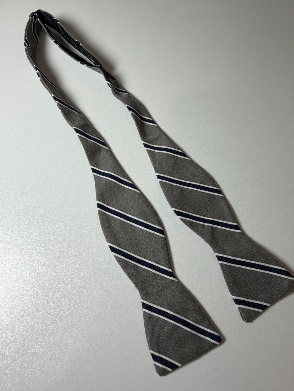 J. Crew Grey Striped Adjustible Silk Bow Tie with Navy and White Stripes Classic